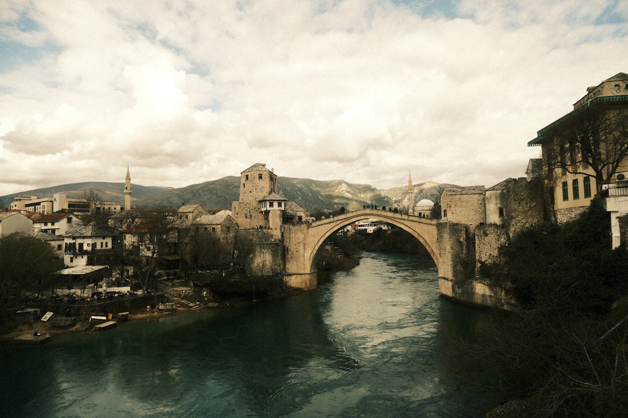 Mostar Old Bridge (Stari Most) spanning over the emerald Neretva River